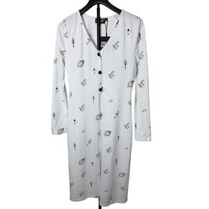 Pretty Damage White Black Doodle Print Button Front Midi Dress Cardigan M
